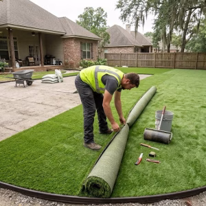 Professional artificial turf installation Louisiana project in a residential backyard, showing a landscaper rolling out lush synthetic grass over a prepared base with seam tools and supplies.